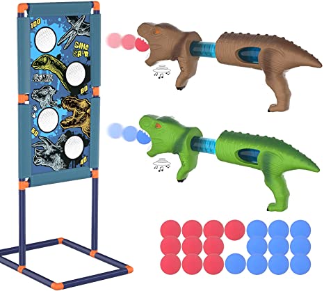 Amicool Dinosaur Toy Shooting Game Gun Toy for Age 5 6 7 8 9 10  Years Old Boys Kid Girl, 2pk Foam Ball Popper Blaster with Shooting Target 20 Balls Sound Effect Indoor Outdoor Game Gift Birthday Xmas