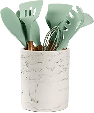 Kitchen Utensil Holder Utensil Crock for Countertop, Sturdy Resin Utility Spoon Caddy Flatware Chopstick Canister Utensil Organizer and Storage for Kitchen Home and Office, Weight: 1.2 kg; Diameter 6.6x5.6 Inch(H&W)-White