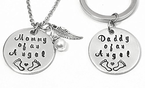 Mommy and Daddy of an Angel Hand Stamped Memorial Necklace and Keychain set