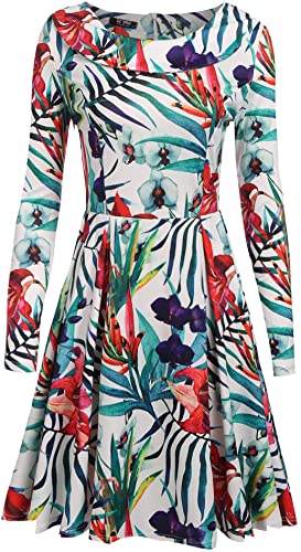 ACEVOG Women's Long Sleeve Round Neck Pleated Swing Casual A-Line Fit and Flare Midi Skater Dress