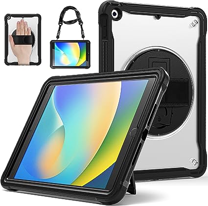 (2023 and Thinness) ZenRich iPad 9th/8th/7th Generation Case, Popeye Rugged Shockproof Hard Slim iPad 10.2 inch Case with Kickstand Hand Strap and Shoulder Strap, Black