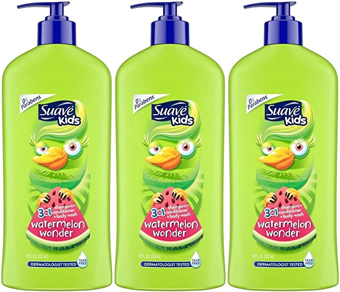 Suave Kids Watermelon Wonder 3-in-1 Shampoo, Conditioner, Body Wash, 18 Ounce (Pack of 3)