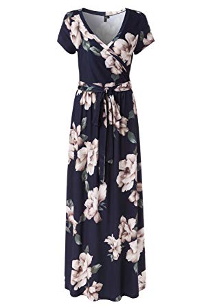 Kranda Womens Summer Vintage Floral Print Short Sleeve Maxi Long Dress