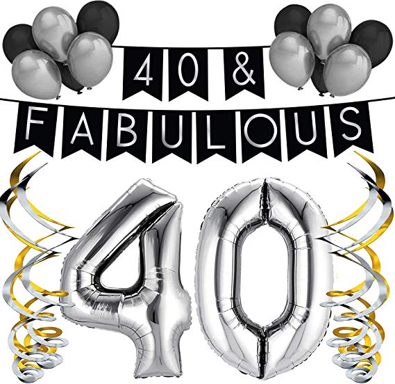 Sterling James Co. 40 & Fabulous Birthday Party Pack - Black & Silver Happy Birthday Bunting, Balloon, and Swirls Pack- Birthday Decorations - 40th Birthday Party Supplies