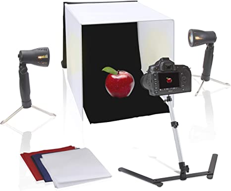 Pyle 24" x 24 inch Portable Tabletop Photography Studio Photo Lighting Kit - Set Includes Light Box/Tent, 2 Lamp Lights, Camera Stand & White, Black, Blue, Red Background Cloth Sheet - PSTDKT8.5