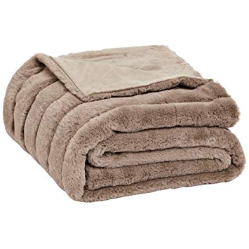 AmazonBasics Faux Fur Striped Throw Blanket - 63 x 87 Inch, Camel