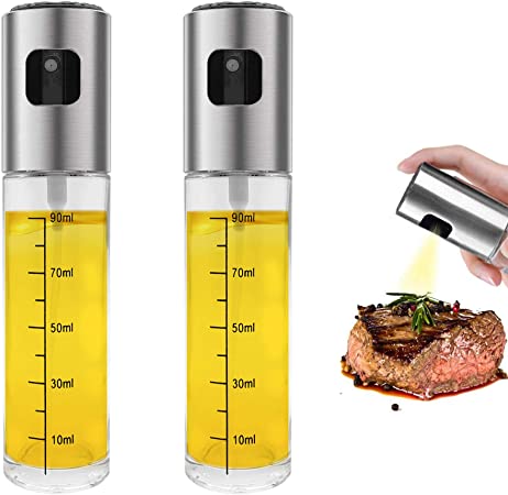 Olive Oil Sprayer Set, 2 pack Oil sprayer Mister for Cook Refillable Oil and Vinegar Dispenser Glass Bottle with Measurements for BBQ Baking Roasting Frying Oil Control Diet 100ml