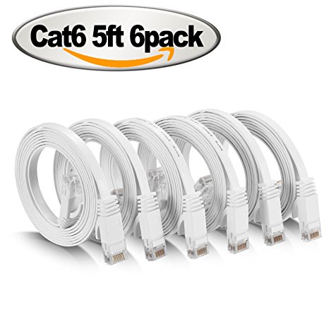 Ethernet Cable Cat6 Flat 5 ft Cat 6 Network Patch Cable with Rj45 Connectors - 5 Feet White (6 Pack)