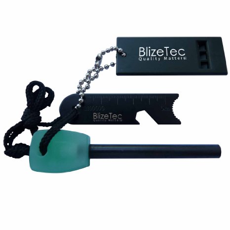 BlizeTec Fire Starter Best 6-in-1 Magnesium Emergency Fire Starter With Luminous Green Handle Mini Ruler Bottle Opener Serrated Edge and Rescue Whistle Last Up To 12000 Strike