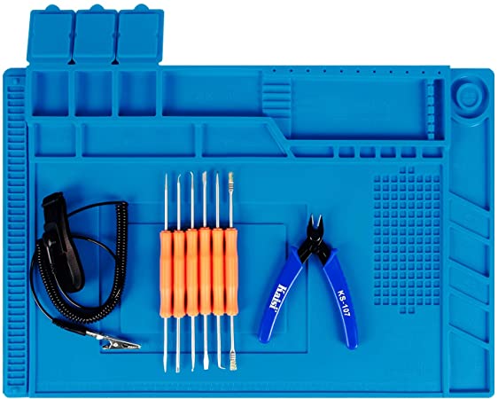 Kaisi solder pad repair work mat with scale and screw position, and 6 auxiliary tools, anti-static wrist and precision cutting Pliers silicone solder mat Size: 17.7 x 11.8 Inches