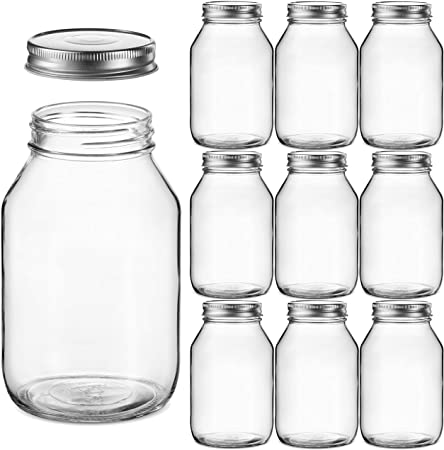 Glass Regular Mouth Mason Jars, 32 Ounce (10 Pack) Glass Jars with Silver Metal Airtight Lids for Meal Prep, Food Storage, Canning, Drinking, Overnight Oats, Jelly, Dry Food, Spices, Salads, Yogurt