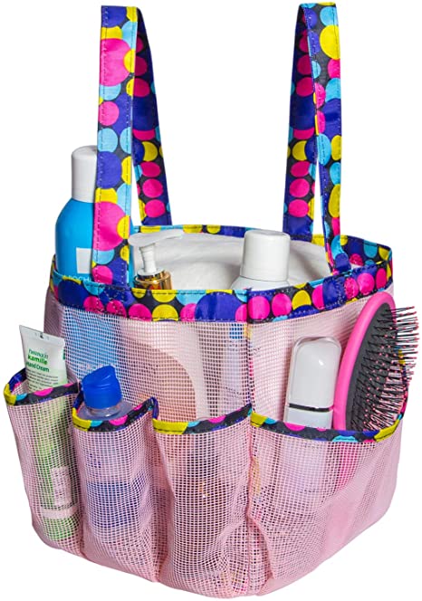 Attmu Portable Mesh Shower Caddy with 8 Storage Pockets, Quick Dry Waterproof Shower Tote Bag Oxford Hanging Toiletry and Bath Organizer for Shampoo, Pink Spot