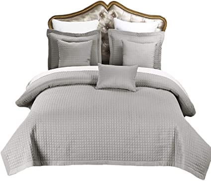 Royal Hotel Checkered Style Soft and Plush Coverlet, 3PC Set Stiched Filled Bedspread, Extra Soft Bed Cover, Checkered Pattern Quilted Bed Quilt, Gray, King