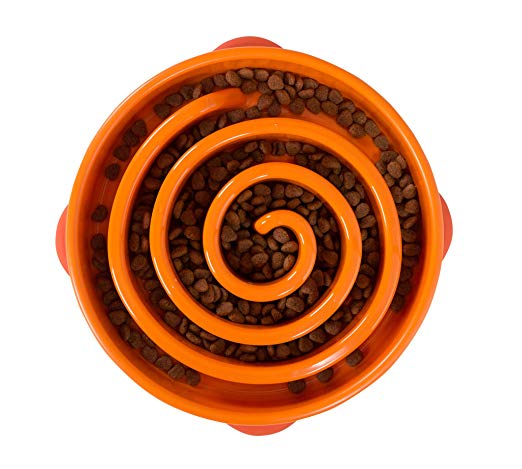 Outward Hound Kyjen 51001 Fun Feeder Slow Feed Interactive Bloat Stop Dog Bowl, Large, Orange
