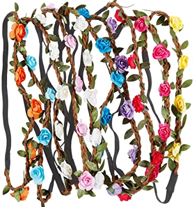 Rovtop 10 Pcs Colorful Rose Flower Headband, Wreath Floral Headbands with Elastic Ribbon for Women Girls Hair Accessories（multi-colour）