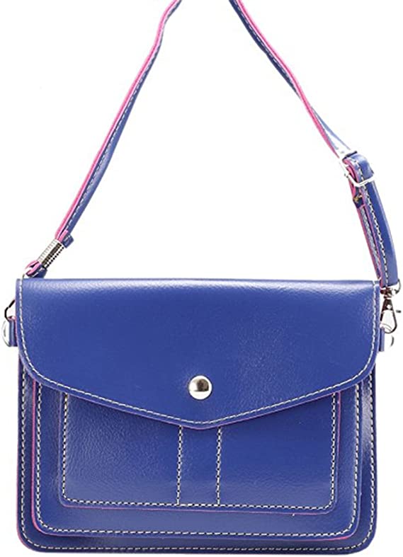 6.5 Inch PU Leather 2 Layers Horizontal Cellphone Pouch Bag with 180cm Ajustable Shoulder Strap for Women Blue