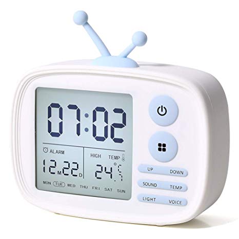 Alarm Clock for Kids, LED Digital Clocks for Bedrooms, Cute Alarmclock for Living Room, Wake Up Light, 5 Loud Alarms, Temperature Display, USB Charger, Birthday Gifts for Children Teens Girls Boys