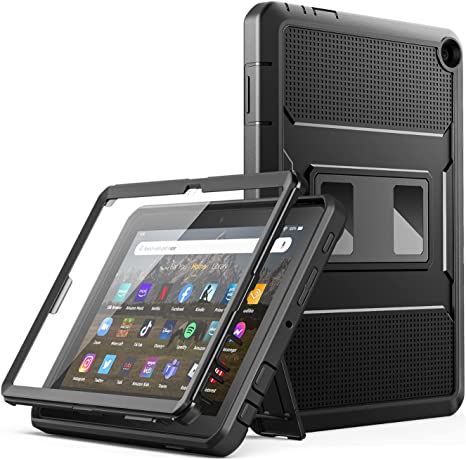 MoKo Case Fits All-New Amazon Kindle Fire HD 8 & 8 Plus Tablet (12th Generation, 2022 Release) 8“, Full Body Rugged Hands-Free Viewing Stand Back Cover with Screen Protector, Black