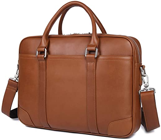 YOGCI Mens Leather Briefcase Messenger Laptop Bag for Business Work,Fits 13 14 15 Inch Computer (Brown)