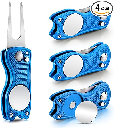 Skylety 4 Pieces Golf Repair Tool Stainless Steel Foldable Golf Divot Tool Magnetic Pop up Button Tool Golf Ball Marker