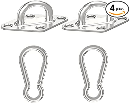 Goiio 2 Pcs 3 Inch 304 Stainless Steel Pad Eye, 2 Pcs 3 Inch 304 Stainless Steel Snap Hook, for Ceiling Hooks,Marine Hardware Fitting, Set of 4