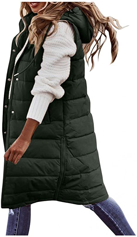Gillberry Womens Long Puffer Vest Sleeveless Lightweight Zip Thick Hooded Warm Winter Jacket Plus Size Vests Outerwear