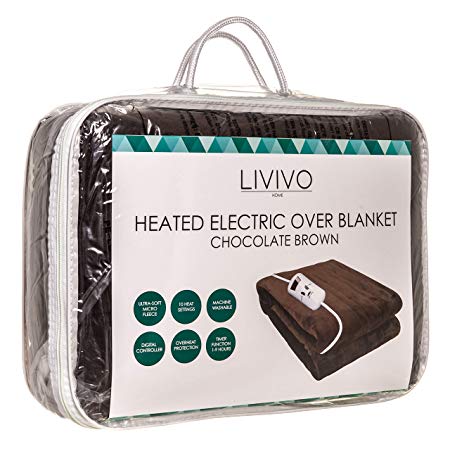 LIVIVO ® Heated Electric Over Blanket – Ultra Soft Chocolate Micro Fleece Throw with 10 Heat Settings and Timer Function – 160x120cm - Easy to Use Detachable Digital Control - Machine Washable (Chocolate)