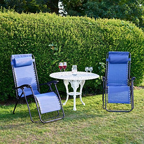 Vinsani Set of 2 Garden Textoline Gravity Sun Lounger Sun Bed Folding Reclining Garden Chairs – Navy Blue