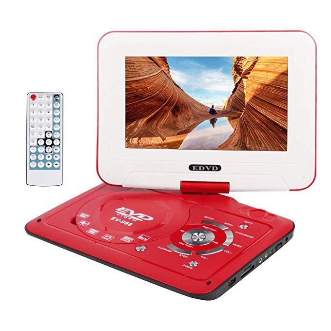 Smyidel 9.8" Portable DVD Player Supports SD Card/USB Port/CD/DVD, Remote Controller,2 Hour Rechargeable Battery, 9" Eye-Protective Screen, Support AV-in/Out,Region Free (Red)