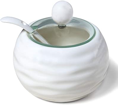 Sugar Bowl,Kitchenexus Vintage Ceramic Sugar Bowl with Lid and Spoon for Kitchen 8.8oz/250ml in White Weave Glass Lid