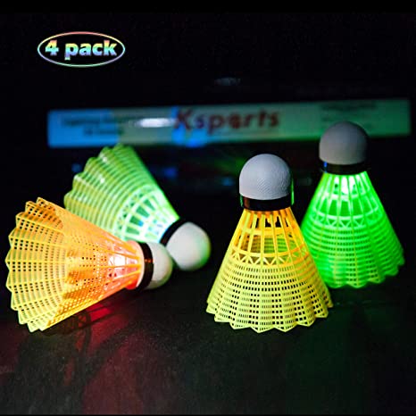 Ksports LED Badminton Shuttlecocks 4 Pack Tube − Glow in The Dark Lighting Birdies Shuttlecocks − Badminton Shuttlecocks with 4 Different LED Colors − Red Green Blue Yellow