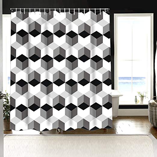 Wasserrhythm Black White Gray 3D Overlapping Cube Fashion Shower Curtain 72x72 Inches