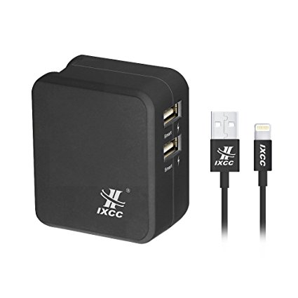 iXCC UL and MFi Certified Universal 17W 2-Port Dual USB Wall Charger and 3-Feet Lightning Cable - Black