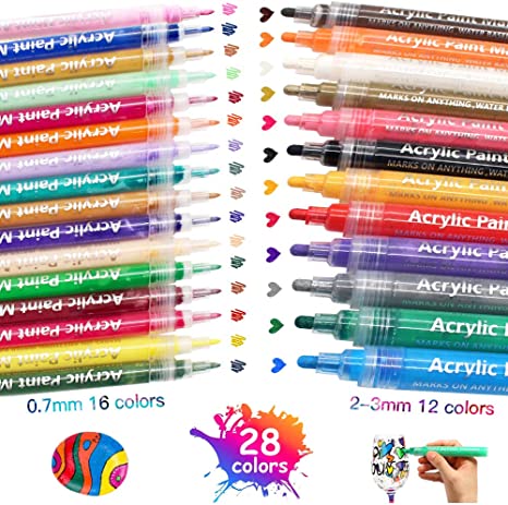 Acrylic Paint Pens 28 Colors Arts Liquid Marker Pens Stationary Sets for Glass Rocks Chalkboard Pebbles Wood Painting Ceramic Fabric Crafts Colouring Books