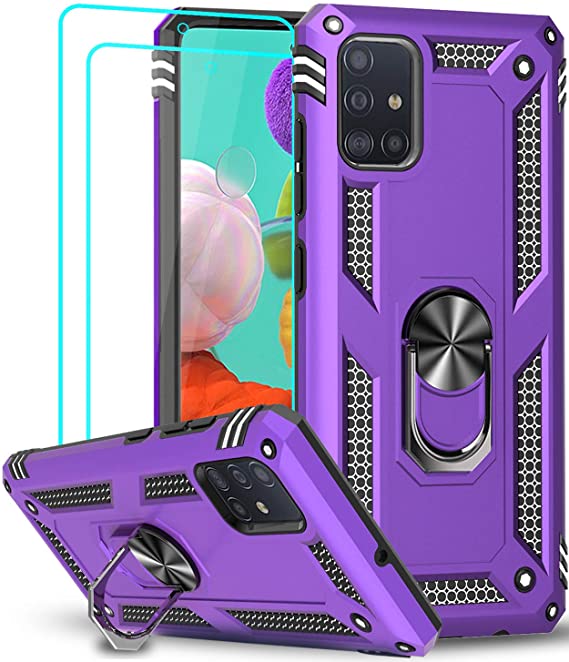 Samsung Galaxy A51 Case (Not Fit A51 5G) with Tempered Glass Screen Protector [2 Pack], LeYi [Military Grade] Defender Protective Phone Case with Car Ring Holder Kickstand for Samsung A51, Purple