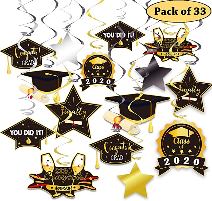 2020 Graduation Hanging Decorations Foil Swirl Kit, Big Pack of 33 No DIY Required, Black Gold and Silver College Party Supplies