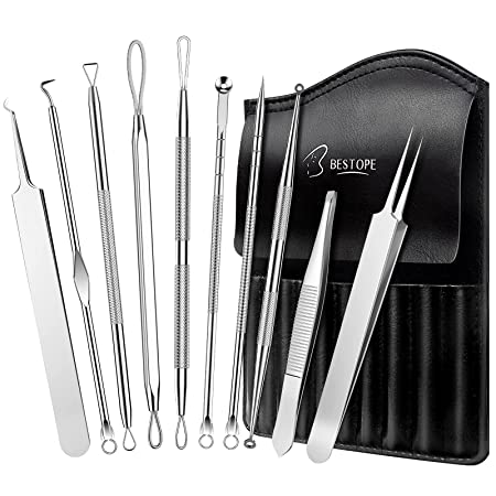 BESTOPE Blackhead Remover Pimple Popper Tool Kit, 10Pcs Blackhead Extractor Tools Blackhead Tweezer Comedone Extractor Zit for Nose Face, Acne Whitehead Blemish Removal Kits with Leather Bag