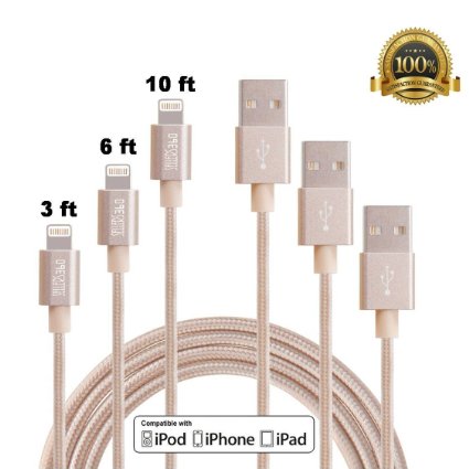 [3Pack]Iphone Cable 3ft 6ft 10ft Durable USB Cable Tangle Free Nylon Braided lightning Sync and Charging Cord for iPhone 6/6s/6 plus/6s plus, 5c/5s/5, iPad Air/Mini,iPod Nano/Touch(Gold)