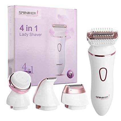 Sminiker 4 in 1 Waterproof Hair Removal Face Cleansing Set 3-Blade Electric Ladies Shaver with Precise Bikini Trimmer Cordless Women’s Rechargeable Hair Remover for Arm Underarm Bikini Line and Legs