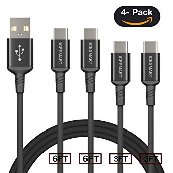USB Type C Cable,ICESMART USB A to USB C 4Pack (2x3FT/2x6FT)Nylon Braided Fast Charger Cord for Samsung Galaxy Note 8/S8 Plus,Google Pixel,LG G5/G6/V20 and More