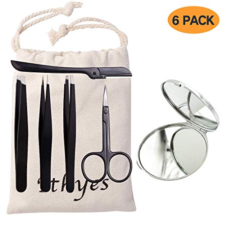 Ithyes Complete Tweezer Set 6 PCS Slant Pointed Flat Stainless Steel Tweezers with Hand Mirror Eyebrow Trimmer Scissor for Shape Precision Ingrown Hair Nose Hair Blackhead Tick Remover, Black