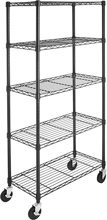 AmazonBasics 5-Shelf Shelving Storage Unit on 4'' Wheel Casters, Metal Organizer Wire Rack, Black