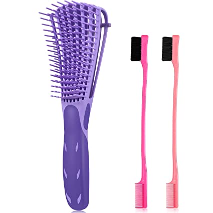 3 Pieces Detangling Brush Set with Edge Brush Double Sided, Hair Detangler for Afro America Textured 3a to 4c Kinky Wavy for Wet/Dry/Long Thick Curly Hair (Purple, Pink, Rose Red)