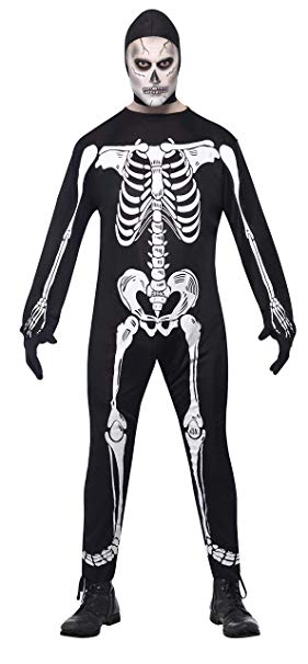 Smiffys Adult Men's Skeleton Jumpsuit Costume, Hood and Gloves, Legends of Evil, Halloween, Size: M, 23032