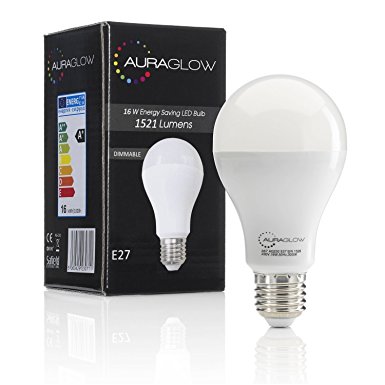 AURAGLOW Super Bright 16w LED E27 Screw Light Bulb, Cool White, 6500K -1521 Lumens - 100w EQV - Dimmable