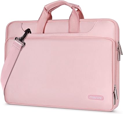 MOSISO 360 Protective Laptop Shoulder Bag Compatible with 17-17.3 inch Dell XPS/HP Pavilion/Ideapad/Acer/Alienware/HP Omen,Matching Color Sleeve with Belt, Pink