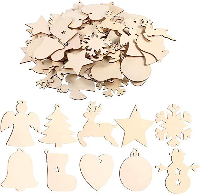 EKKONG 100 Pieces Wooden Christmas Tree Decoration Set, Christmas Hanging Ornaments, Christmas Pendant, Hanging Tree Ornaments,Ornaments for Christmas, DIY Crafts (100 pcs)