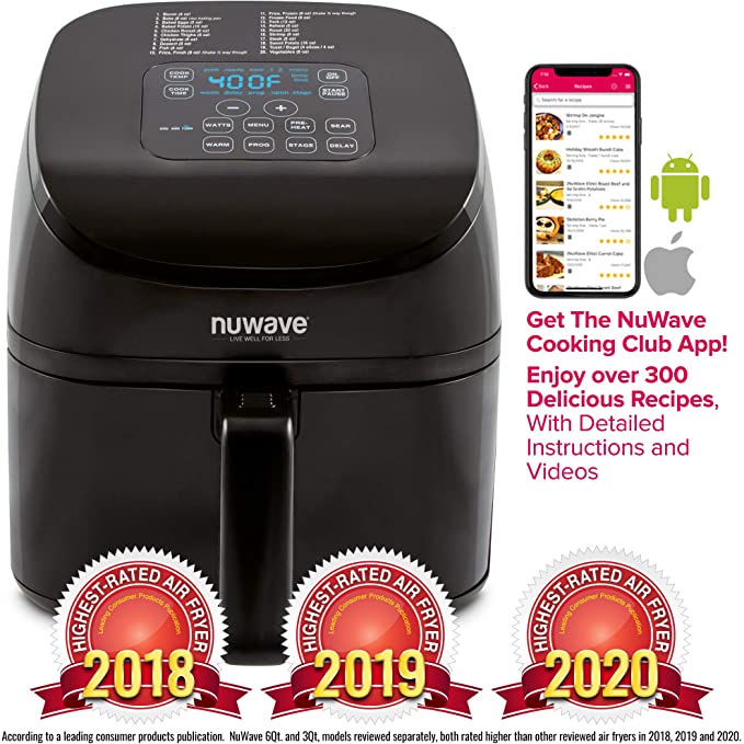 NUWAVE BRIO 4.5-Quart Digital Air Fryer includes Nuwave Cooking Club App, one-touch digital controls, 6 easy presets, precise temperature control, recipe book, wattage control, and advanced functions like PREHEAT, REHEAT more