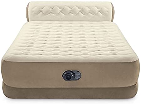 Intex Dura-Beam Air Mattress Deluxe Comfort Headboard Airbed Queen 18 Inch Height Internal Pump (Brown/Beige)