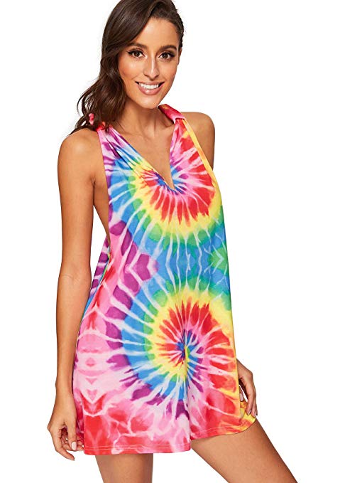 Romwe Women's Sleeveless V Neck Tie Dye Tunic Tops Casual Swing Tee Shirt Dress